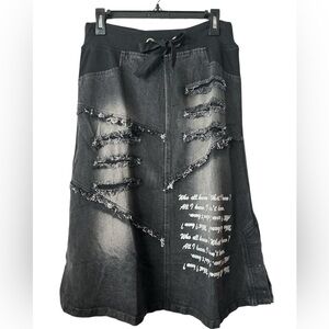 Black Distressed Look Denim Medium Skirt